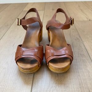 UGG JANIE Brown LEATHER ANKLE STRAP CLOG HEEL SANDALS, WOMEN US 7.5